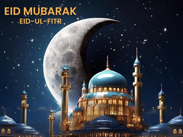 Eid Mubarak Mosque Silhouette beneath the Half Golden Moon