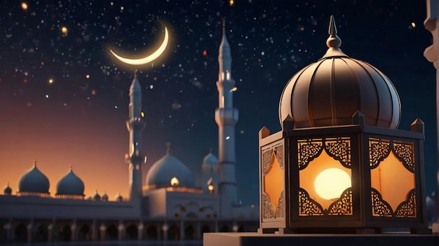 写真 イーダ・ムバラック・オブ・イーダ・アル・フィトール 3dランタンとモスク 3d月と夜の美しい背景