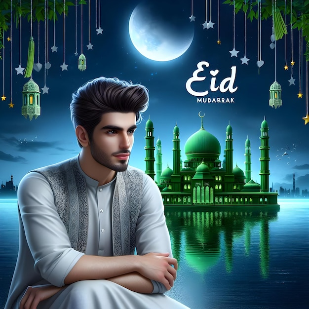 Foto eid mubarak poster di un uomo seduto di fronte a una moschea ed è circondato da una moschea blu