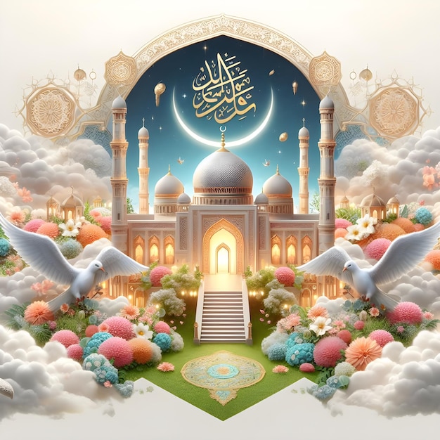 Eid Mubarak Poster for a mosque with a blue mosque on the bottom