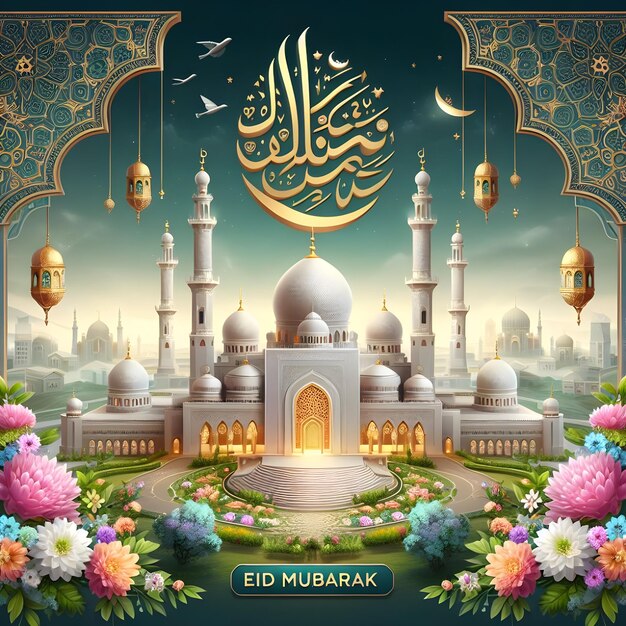 Eid Mubarak poster of a mosque with a mosque and flowers