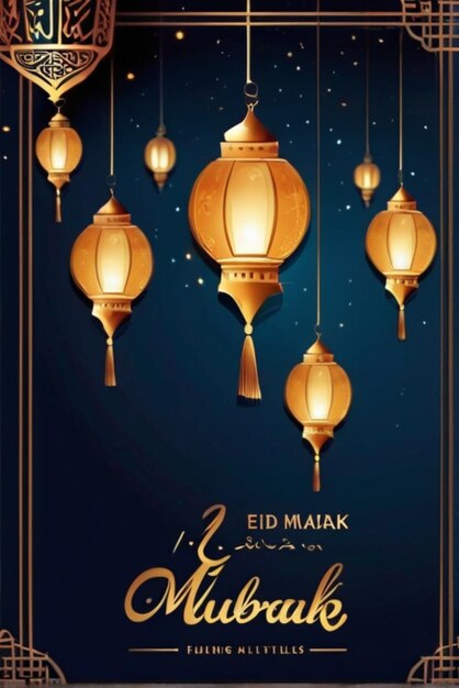 Photo eid mubarak poster template lantern night background