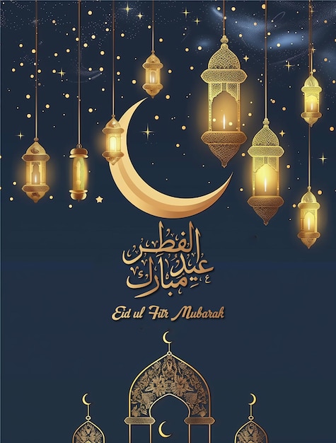 Eid mubarak poster and a wallpaper of a mosque with a moon and a moon in the background