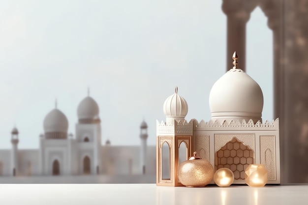 Eid mubarak and ramadan kareem greetings with copy space Eid al fitr islamic lantern and mosque