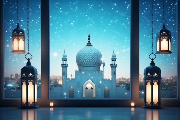 Eid mubarak and ramadan kareem greetings with islamic lantern and mosque Eid al fitr background