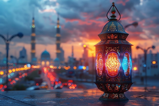 Eid mubarak and ramadan kareem greetings with islamic lantern and mosque Eid al fitr background