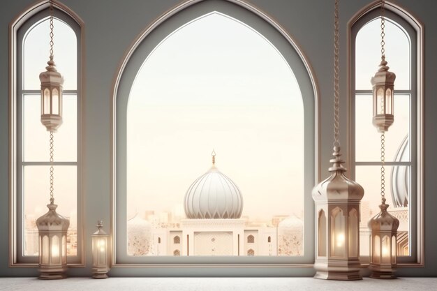 Eid mubarak and ramadan kareem greetings with islamic lantern and mosque Eid al fitr background