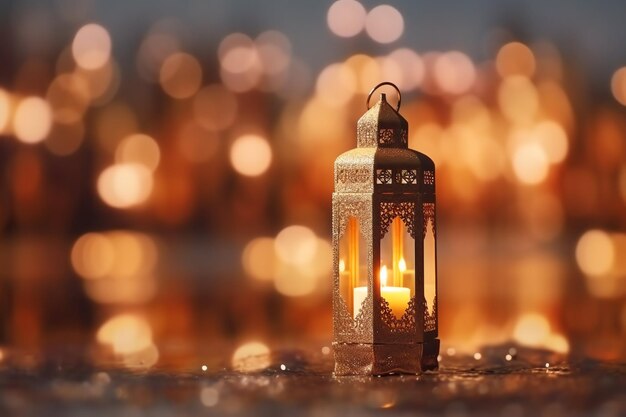 Eid mubarak and ramadan kareem greetings with islamic lantern and mosque eid al fitr background