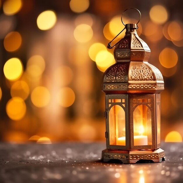 Eid mubarak and ramadan kareem greetings with islamic lantern and mosque eid al fitr background
