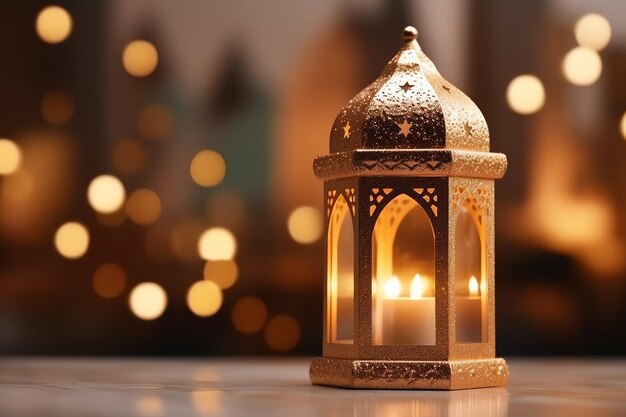 Eid mubarak and ramadan kareem greetings with islamic lantern and mosque Eid al fitr background