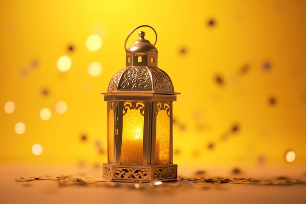 Eid mubarak and ramadan kareem greetings with islamic lantern and mosque eid al fitr background