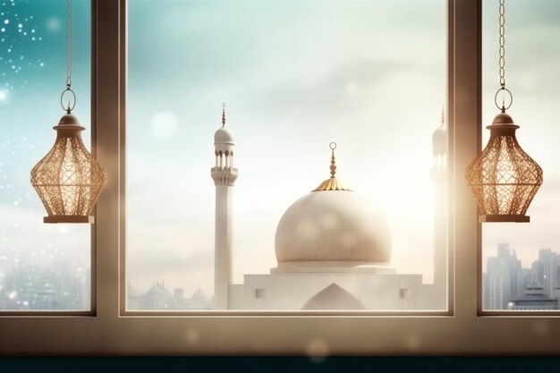 Photo eid mubarak and ramadan kareem greetings with islamic lantern and mosque eid al fitr background