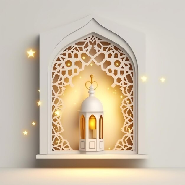 Eid mubarak and ramadan kareem greetings with islamic lantern and mosque eid al fitr background