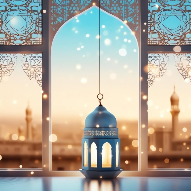 Eid mubarak and ramadan kareem greetings with islamic lantern and mosque eid al fitr background