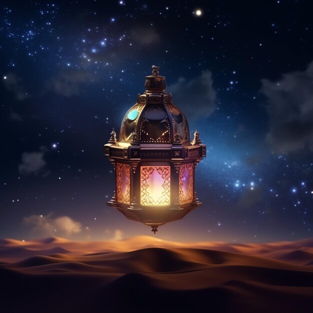 Eid mubarak and ramadan kareem greetings with islamic lantern and mosque eid al fitr background