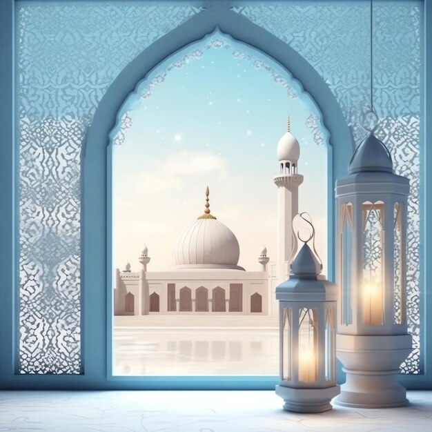 Eid mubarak and ramadan kareem greetings with islamic lantern and mosque eid al fitr background