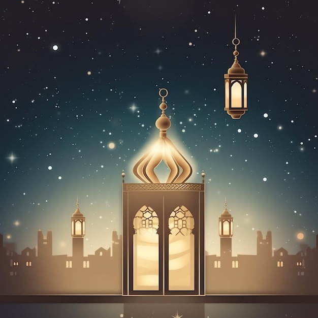 Eid mubarak and ramadan kareem greetings with islamic lantern and mosque Eid al fitr background