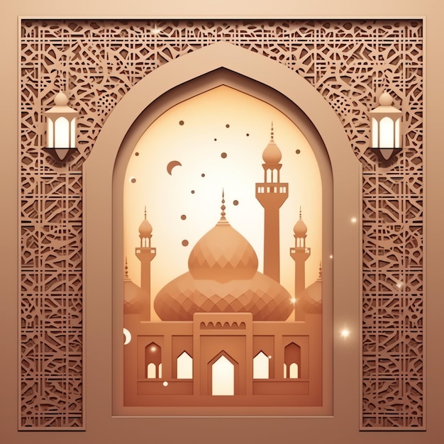 Photo eid mubarak and ramadan kareem greetings with islamic lantern and mosque eid al fitr background