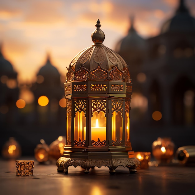 Eid mubarak and ramadan kareem greetings with islamic lantern and mosque Eid al fitr background