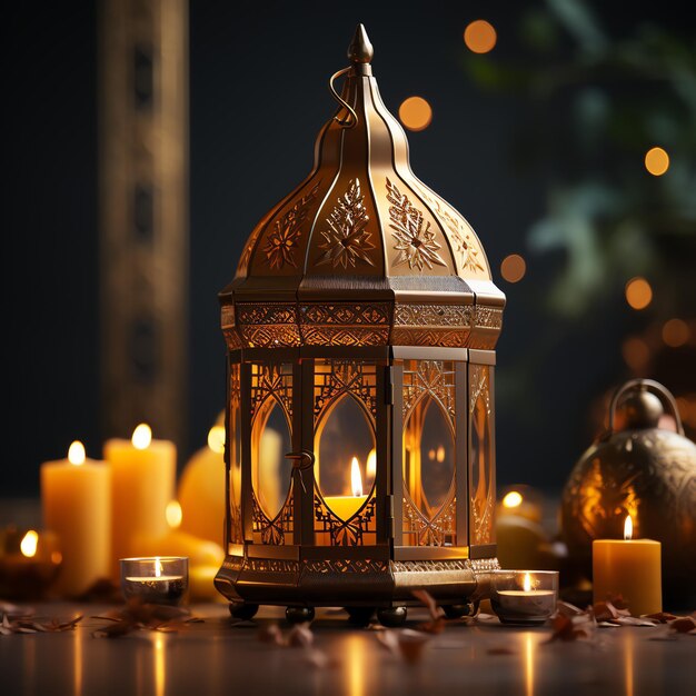 Eid mubarak and ramadan kareem greetings with islamic lantern and mosque Eid al fitr background