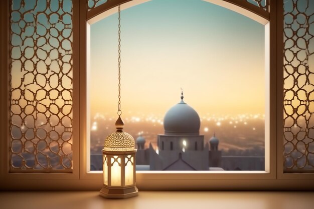 Eid mubarak and ramadan kareem greetings with islamic lantern and mosque eid al fitr background