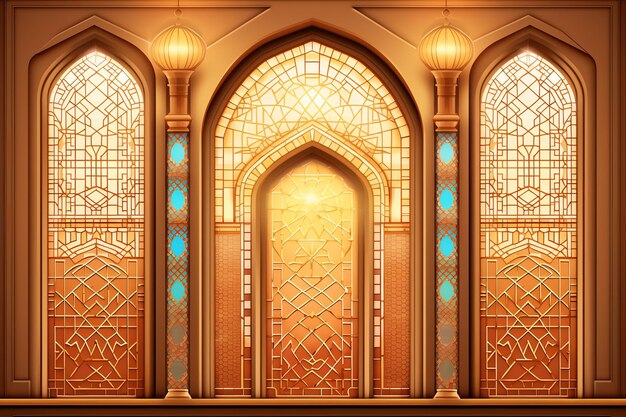 Eid mubarak and ramadan kareem greetings with islamic lantern and mosque eid al fitr background