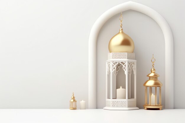 Eid mubarak and ramadan kareem greetings with islamic lantern and mosque Eid al fitr background