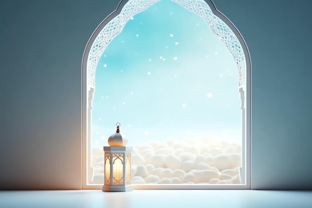 Eid mubarak and ramadan kareem greetings with islamic lantern and mosque Eid al fitr background