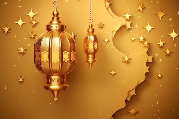 Eid mubarak and ramadan kareem greetings with islamic lantern and mosque Eid al fitr background