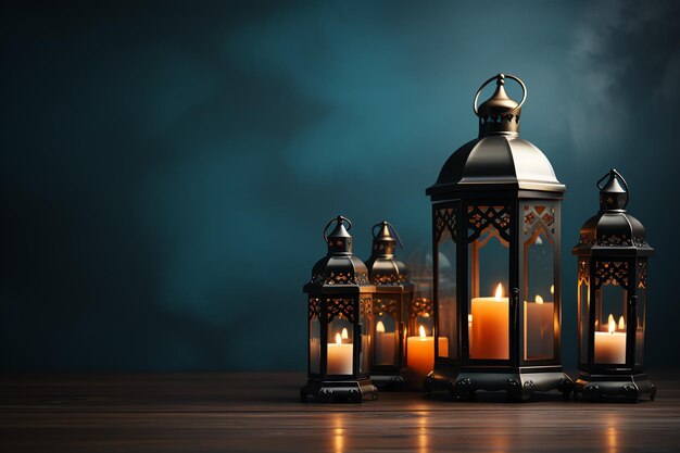 Приветствие ид мубарак и рамадан карим с исламским фонарем и мечетью Ид аль фитр фон