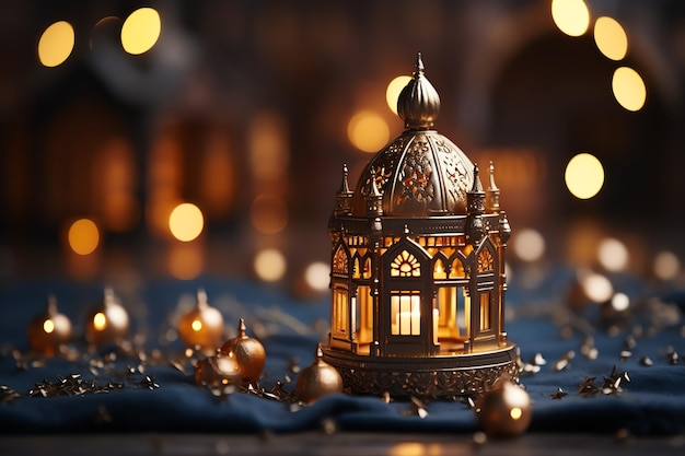 Eid mubarak and ramadan kareem greetings with islamic lantern and mosque Eid al fitr background