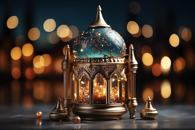 Eid mubarak and ramadan kareem greetings with islamic lantern and mosque eid al fitr background