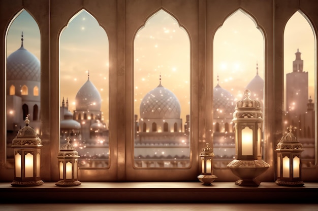 Photo eid mubarak and ramadan kareem greetings with islamic lantern and mosque eid al fitr background