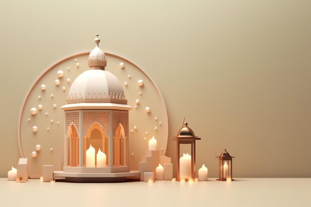 Eid mubarak and ramadan kareem greetings with islamic lantern and mosque Eid al fitr background