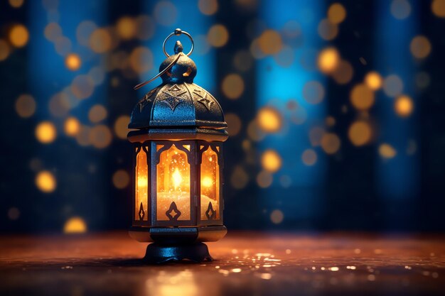 Eid mubarak and ramadan kareem greetings with islamic lantern and mosque Eid al fitr background