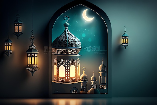 Eid mubarak and ramadan kareem greetings with islamic lantern and mosque Eid al fitr background