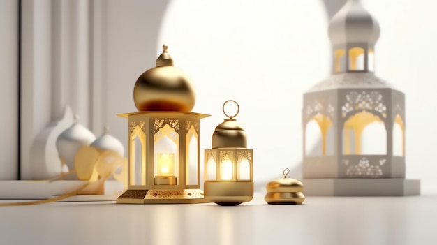 Eid mubarak and ramadan kareem greetings with islamic lantern and mosque Eid al fitr background