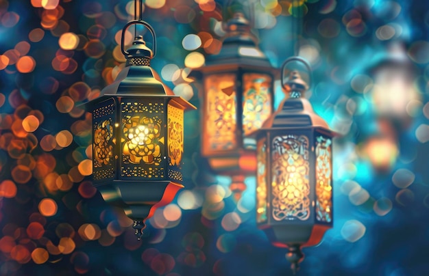 Eid mubarak and ramadan kareem greetings with Islamic lanterns and bokeh background