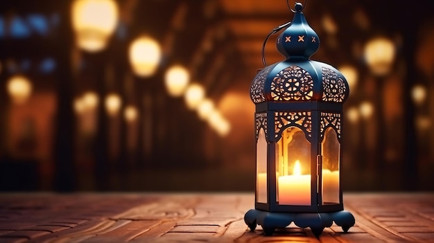Ид Мубарак и Рамадан Карим Ислам святой месяц арабский фонарь и горящая свеча ночью мусульмане