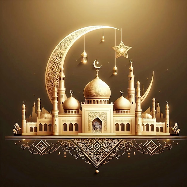 Eid Mubarak simple elegant and luxury with a mosque gold background Ai generative