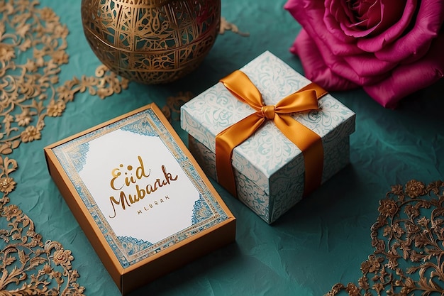 EID MUBARAK TEXT BESIDE THE EID GIFT BOXES