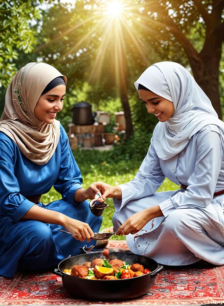 Eid Mubarak twee vrouwen in hina zitten op het gras en eten eten