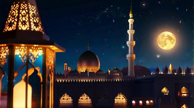 Eid Mubarak van Eid al fitr 3D lantaarn en moskee met 3D maan met nacht mooie achtergrond