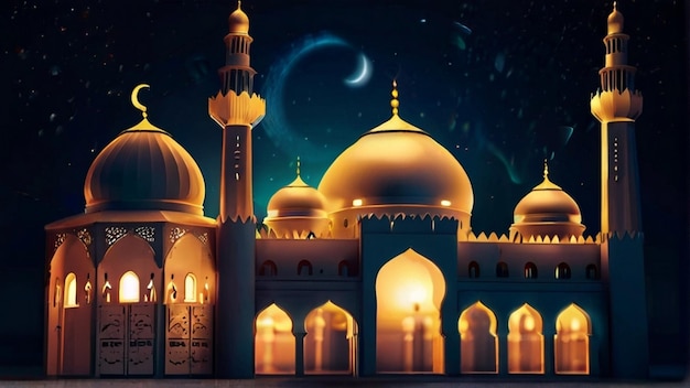 Eid Mubarak van Eid al fitr 3D lantaarn en moskee met 3D maan met nacht mooie achtergrond