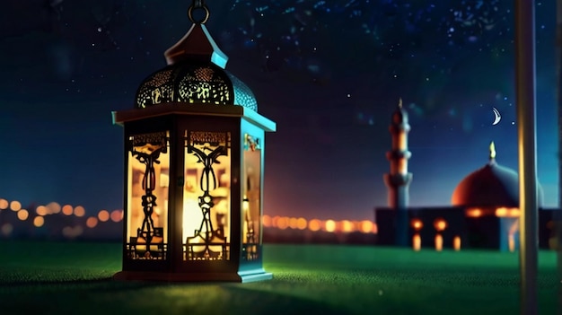 Eid Mubarak van Eid al fitr 3D lantaarn en moskee met 3D maan met nacht mooie achtergrond