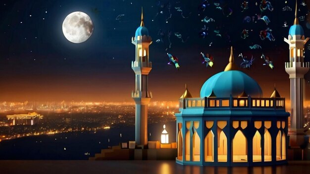 Eid Mubarak van Eid al fitr 3D lantaarn en moskee met 3D maan met nacht mooie achtergrond