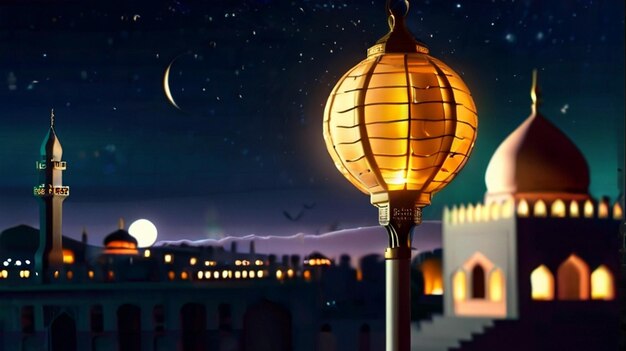 Eid Mubarak van Eid al fitr 3D lantaarn en moskee met 3D maan met nacht mooie achtergrond