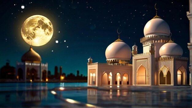 Eid Mubarak van Eid al fitr 3D lantaarn en moskee met 3D maan met nacht mooie achtergrond