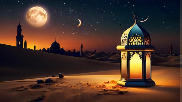 Eid Mubarak van Eid al fitr 3D lantaarn en moskee met 3D maan met nacht mooie achtergrond