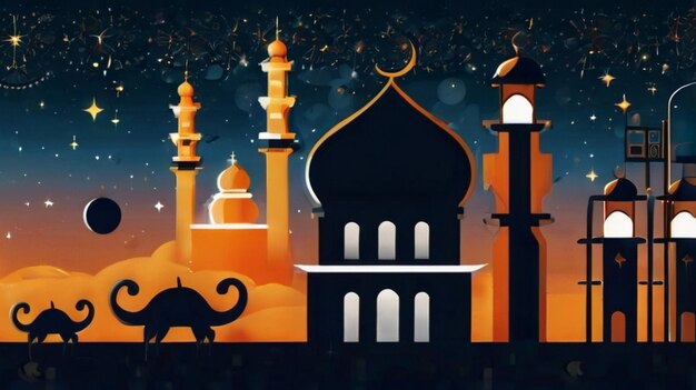 Eid Mubarak van Eid al fitr 3D lantaarn en moskee met 3D maan met nacht mooie achtergrond